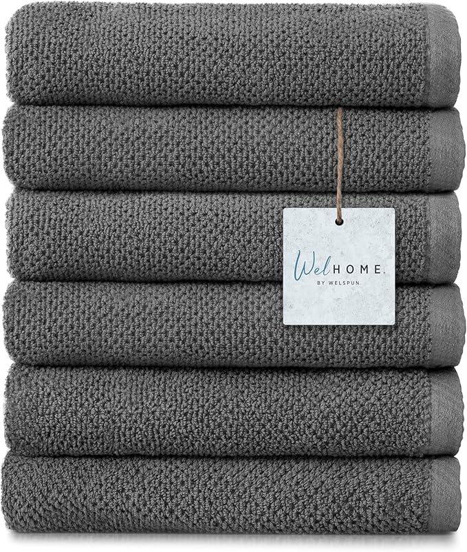 Welhome Franklin Premium 6 Pack Hand Towels Popcorn Textured Charcoal Bathroom Towels Hotel & Spa Towels for Bathroom Soft & Absorbent 600 GSM 100% Cotton Hand Towels