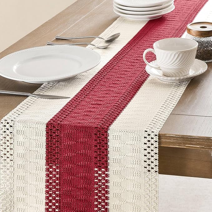 ZeeMart Macrame Style Bicolor Stitching Table Runner, 14 x 60 Inch Red/Ivory, Boho Red Table Runners 60 Inches Long, Farmhouse Woven Home Decor