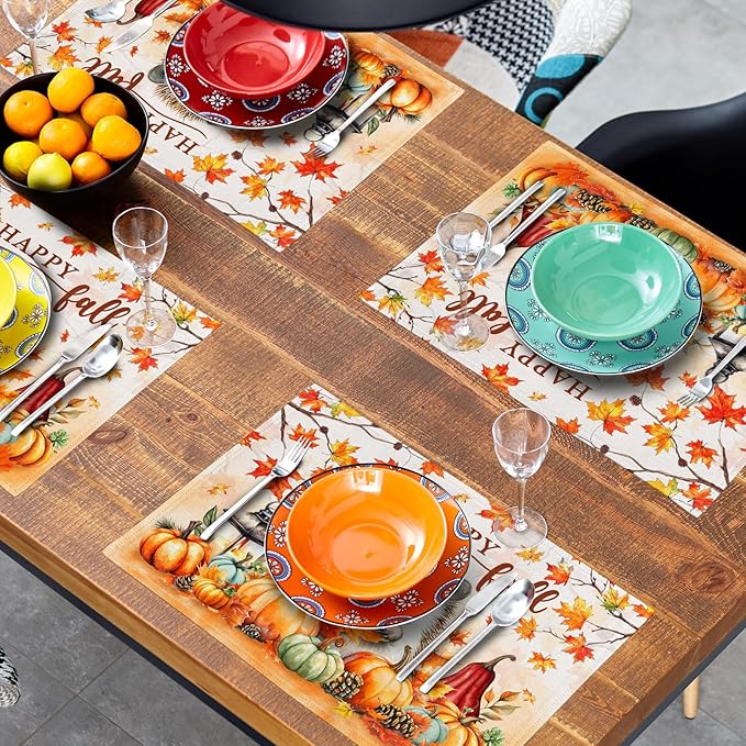Happy Fall Linen Place Mat 4pc Hedgehogs Pumpkin Printed Placemat Washable Decoration for Home Season Table Decor