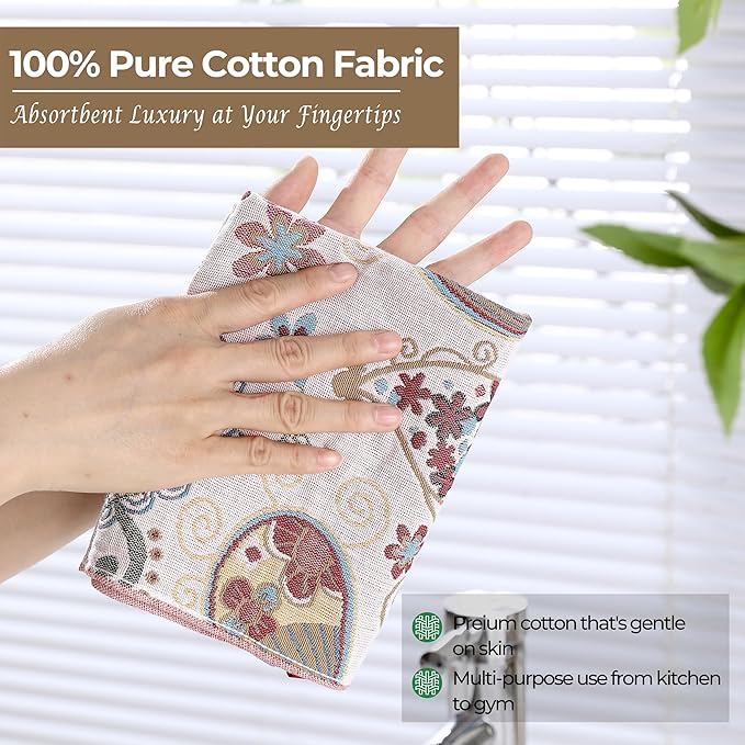 Kitchen Dish Towels for Drying 100% Cotton,Ultra Absorbent Quick Drying Thick Reusable Cleaning Decorative Tea Towels with Hanging Loop,Reversible Boho Pretty Hand Towels,Floral,4 Pack