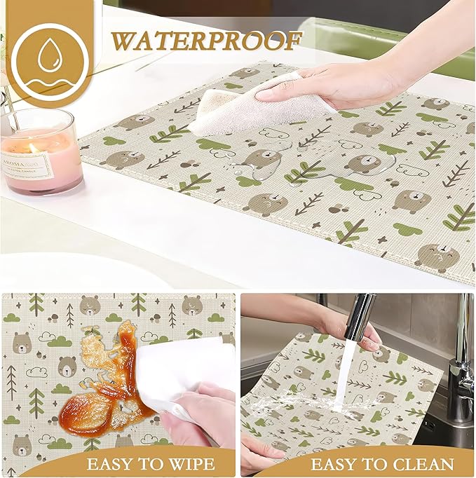 Cat Dog Dinosaur Frog Bear Placemats,Cute Cartoon Patterns Table Mats Set of 6,12x18 Inch,Waterproof Oil-Proof Washable and Reusable Linen placemats Holiday Party Kitchen Table Decorations