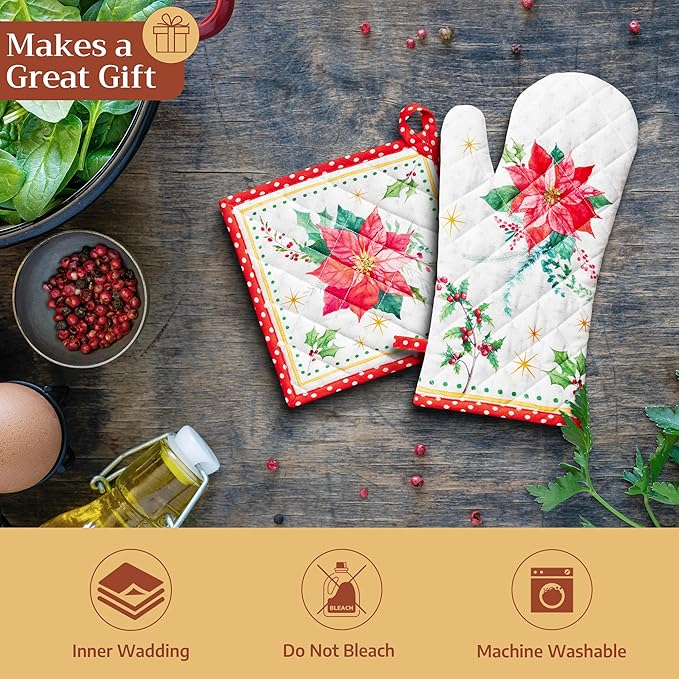 Maison d' Hermine Oven Gloves 100% Cotton Oven Mitt 7" x 13" with Loop Heat Resistant Cooking Gloves for Thanksgiving Christmas Decorations Baking Handling Hot Pans (Pack of 1, Poinsettia Christmas)