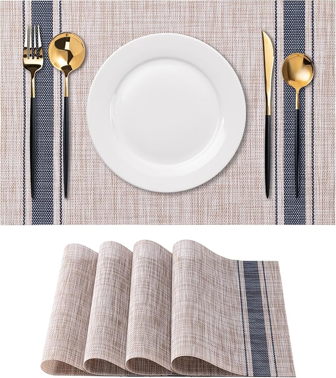 CADONO Placemats Set of 4 Washable Indoor/Outdoor Vinyl Place Mats for Dining Table Durable Non-Slip Heat Resistant PVC Weave Table Mats（Stripes-Blue）