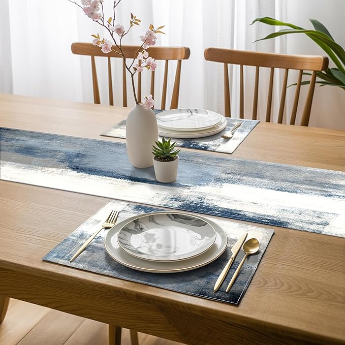 White and Gray Table Runner and Placemats Set of 6 Farmhouse Washable Linen Place Mats Rustic Abstract Art Table Decor for Kitchen Dining Coffee Outdoor Party (White and Gray, 13"x71"+12"x18")