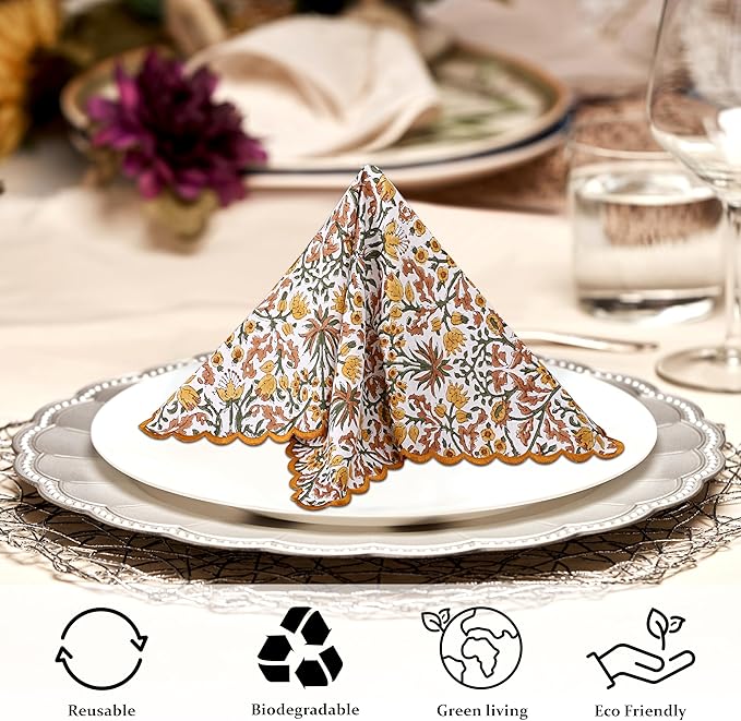 Ridhi Hand Block Print Goldenrod Yellow 18" x 18" (Set of 4) Embroidery Table Napkins Reusable Cotton Dinner Napkins for Weddings, Parties, Everyday Dining Gift for Spring, Easter, Valentine