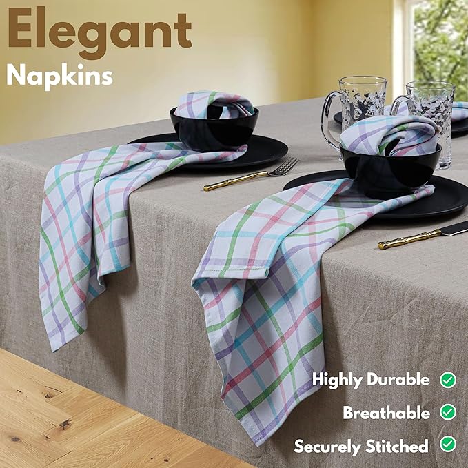 Native Fab Spring Easter Check Cloth Napkins Set of 12, 16x16 Inches, 100% Cotton, Colorful & Absorbent Fabric Cloth for Weddings, Holidays, Reusable Washable Napkin for Everyday Use - Multicolor