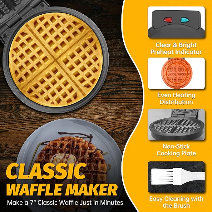 FineMade 7 Inches Round Classic Waffle Maker Machine, Mini Waffle Maker, Non-stick Waffle Irons, Thin Waffle Maker Crispy, Black