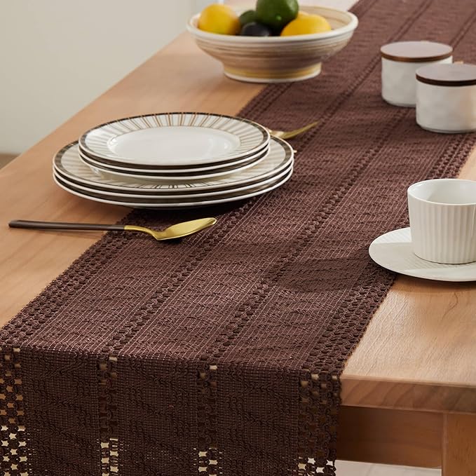 ZeeMart Macrame Style Boho Table Runner, Dark Brown Table Runners 90 Inches Long, Farmhouse Woven Home Decor, 12x90 Inch, Chocolate