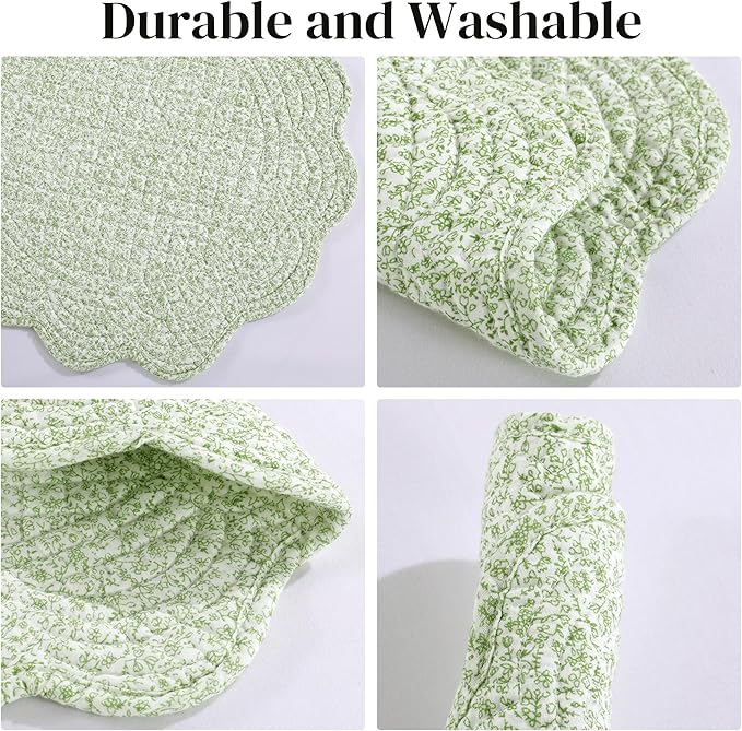 HOMBYS Quilted Placemats Set of 6 Washable Round Placemats for Kitchen Table-100% Cotton Fabric 14 Inch Round Table Mats, Cotton Fabric with Microfiber Filling, (14"x14", White & Green Flower)