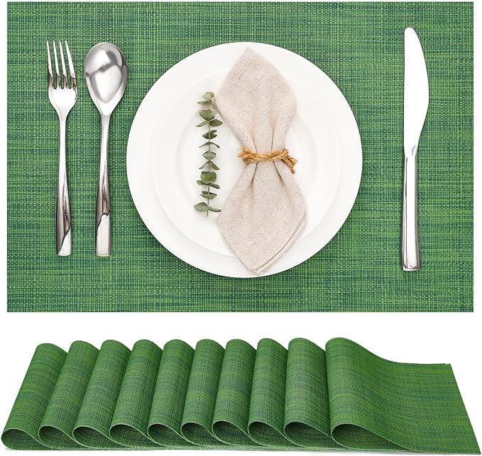Myir JUN Placemats Set of 10, Vinyl Woven Placemats Place Mats Indoor Set of 10 Washable Table Mats Non-Slip Place mats for Dining Table (Dark Green)