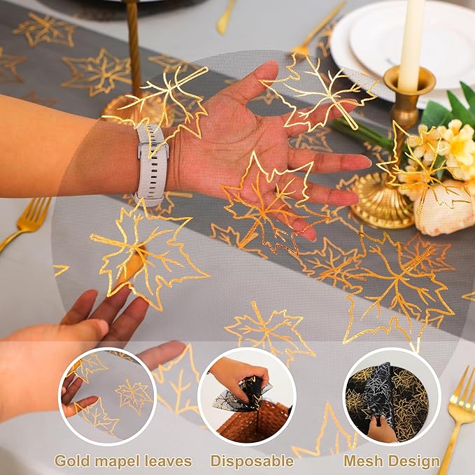 Snowkingdom 24 Pcs Fall Placemats, Black Gold Metallic Maple Leaves Thanksgiving Decoration, 13 inch Round Disposable Placemats, Golden Charger Kitchen Dining Table Mats for Autumn Harvest Party Decor