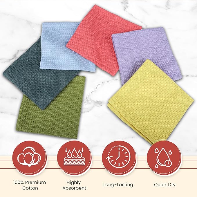 Vintage Vista 100% Cotton Waffle Dish Cloths (Pack of 6) - Dish Rags for Washing Dishes - Reusable & Highly Absorbent Kitchen Towels - Kitchen Rags fo Easter - (12" x 12" - Multicolor I)