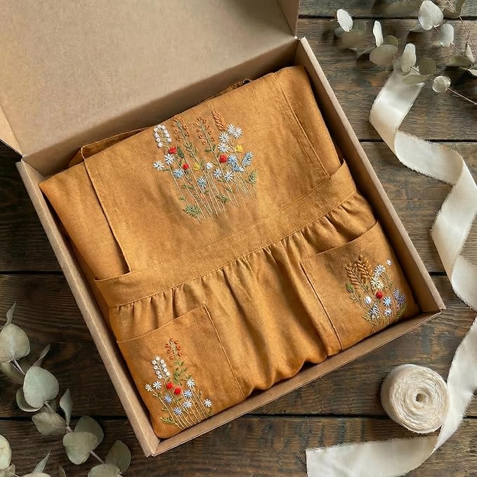 +Linen Embroidered +Apron For +Women With +Pockets, Cute Kitchen Apron, +Cooking +Baking Gifts For Her