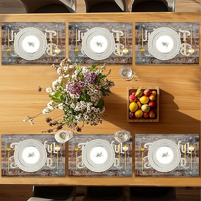 Thankful Blessed Placemats Set of 6,Vintage Wood Board Placemats Washable Kitchen Dining Linen Table Mats Stain Heat-Resistant for Home Party Indoor 12x18 inch