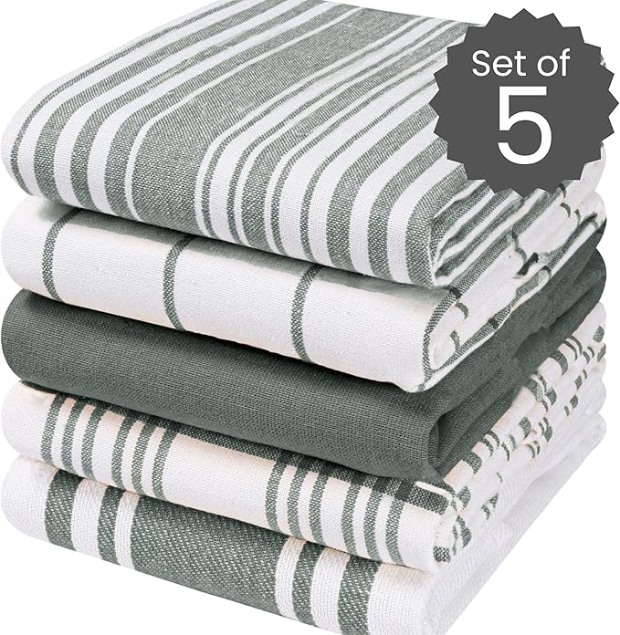 Cotton Clinic Assorted Kitchen Towels 5 Pack – Soft Absorbent Quick Drying Table & Kitchen Linen - Dish Towels, Dish Cloths, Tea Towels and Cleaning Towels with Hanging Loop – 16x28 / Grey White