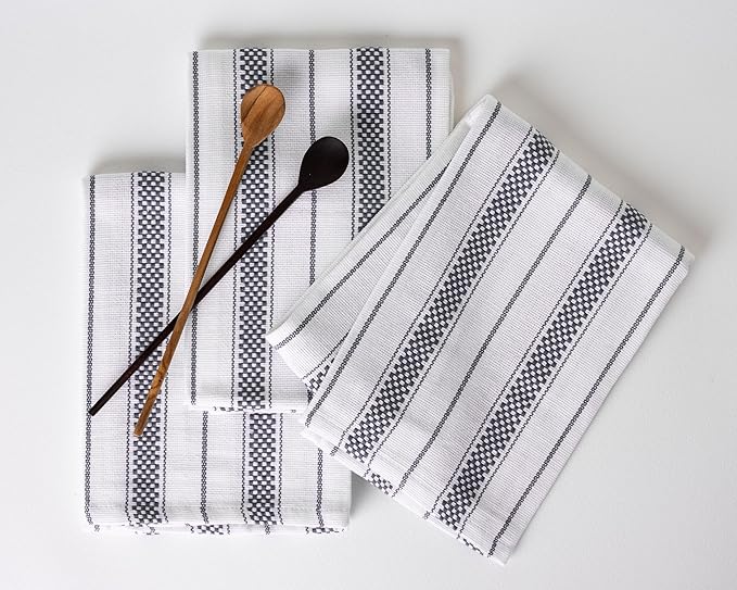 Kitchen Towels Set – Pack of 3 (20’’ x 30’’) Extra Large Premium Cotton Dish Towels for Kitchen – Chain Stripe Towels – Absorbent – 100% Cotton – with Hanging Loop – Dark Grey