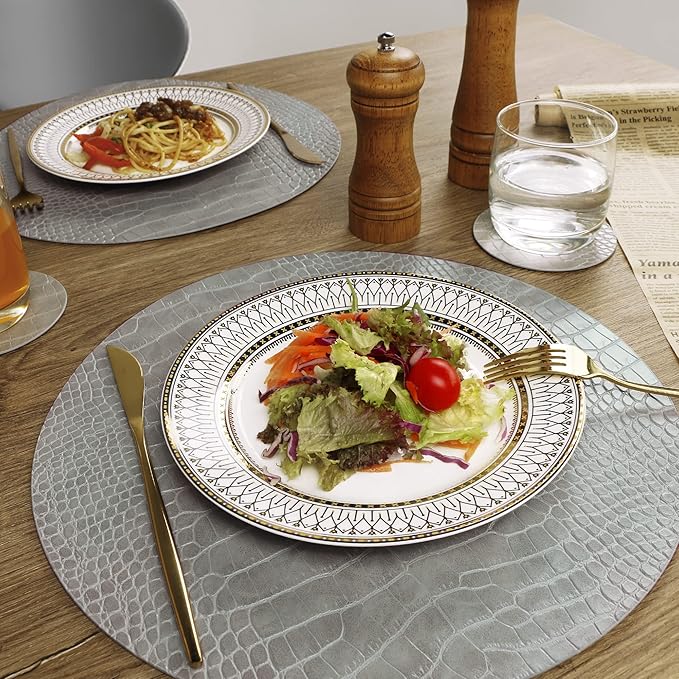 Round Leather Placemats for Round Tables Set of 6, Gray Table Place Mats and Coasters, Washable Easy to Care for Indoor Decor 13" Diameter
