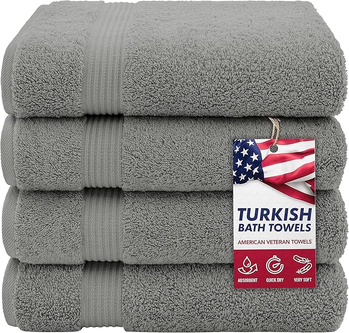American Veteran Towel, Turkish Bath Towels for Bathroom 4 Pack, 27x54 Extra Large Premium Soft Drying Bathroom Towels, Light Gray