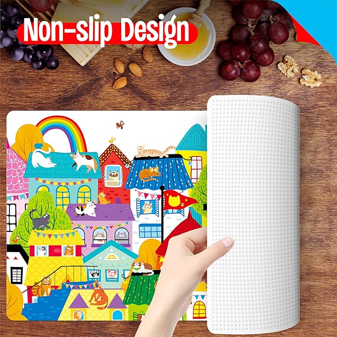6 Pack Placemats for Kids, Non-Slip Washable Dining Mats, Reusable Cat-Themed Table Mats for Home, Kindergarten, Classroom, Nursery