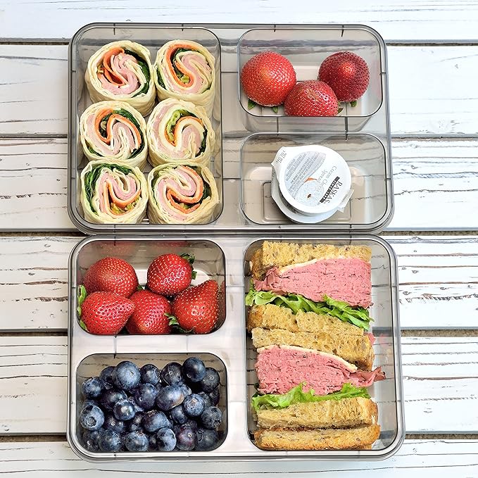 Youngever 7 Sets Thick Large Bento Lunch Box 40 Ounce, Meal Prep Containers, Reusable Plastic Divided Food Storage Container Boxes (3 Compartment)