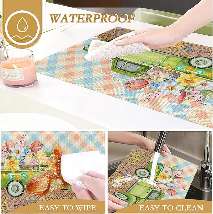 Pink Blue Truck Flowers Placemats,Happy Spring Table Mats Set of 6,12x18 Inch,Waterproof Oil-Proof Washable and Reusable Linen placemats Holiday Party Kitchen Table Decorations