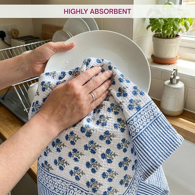 ATOSII 100% Cotton Hand Block Print Waffle Kitchen Towel, Set of 3, 18 x 26 Inches Ultra Absorbent Quick Dry Dish Towels, Reusable Sustainable Tea Towels for Cleaning and Drying, Gulbahar Blue