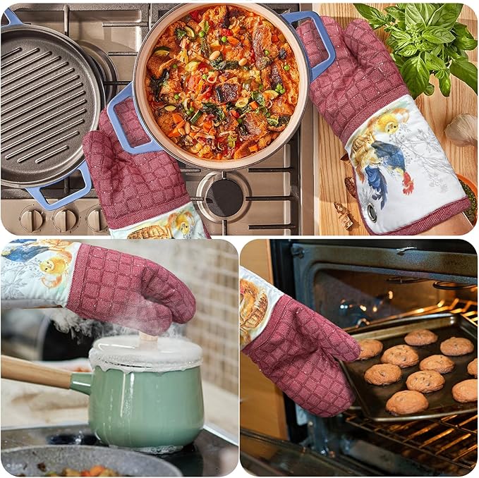 Silicone Printing Oven Mitts Heat Resistant to 500 Degree,Yarm-Dyed Oven Gloves with Animal Design Non-Slip for Kitchen Cooking Barbecue Baking and Machine Washable.(Red Oven Mitts)