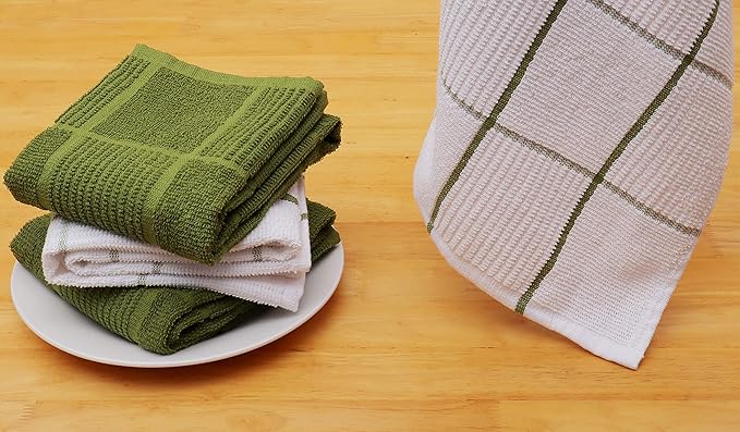 AMOUR INFINI Kitchen Towels Pack of 4, Terry Cotton Dish Towels, Ultra Absorbent, Quick Drying Hand & Tea Towels, Soft Durable Cleaning Cloths with Hanging Loop, 16 x 26 Inch (Green)