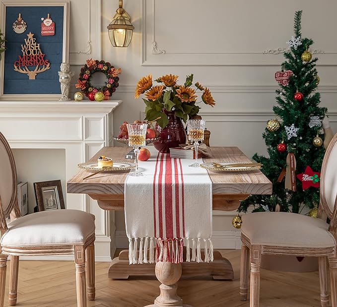 Caflife Christmas Table Runner 13 x 90 Inch for Dining Table, Boho Christmas Decorations Coffee Table Runner with Handcrafted Tassels, red and Beige Stripe Table Runner for Holiday, Winter