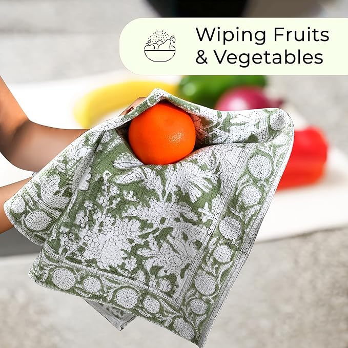 CPC Olive Green Hand Block Print Waffle Kitchen Towel Set of 3-16 x 28 Inch Ultra Absorbent Quick Dry Cotton Lightweight Reusable Sustainable Tea Towels for Cleaning and Drying Gift for Christmas