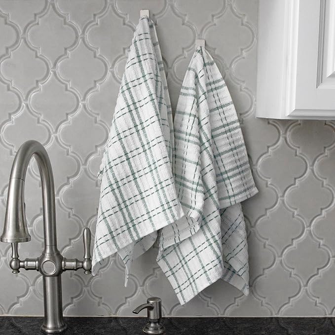 Ritz Royale Collection 100% Combed Terry Cotton, Highly Absorbent, Oversized Kitchen Towel Set, 28" x 18", 2-Pack, Checked, Juniper