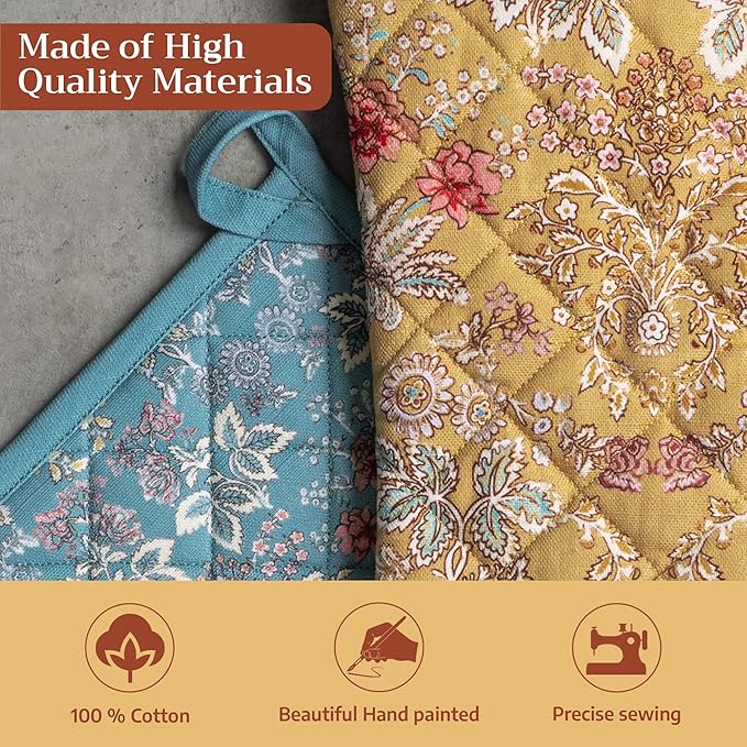 Maison d' Hermine 100% Cotton Oven Mitt & Pot Holder Set (7.5"x13" & 8"x8") Heat Resistant BBQ Cooking Gloves with Loop Baking Grilling Kitchen Gifts for Mothers Day Spring/Summer (Marquise)