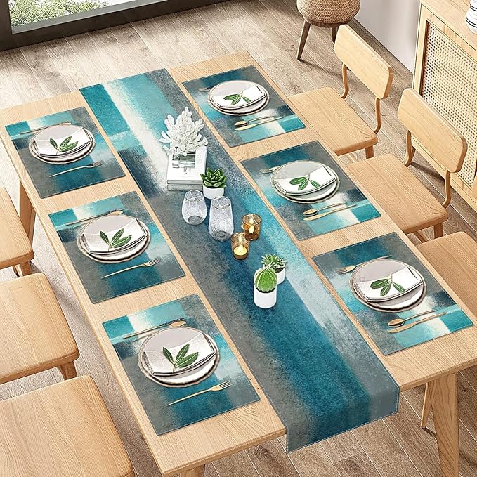 ArtSocket Farmhouse Table Runner and Placemats Set of 6, Abstract Green Blue Grey Teal Painting Art Dining Decor for Daily Use(1 Table Runner 72 inches Long and 6 Placemats)