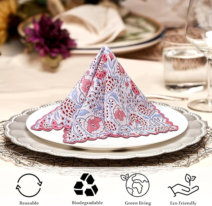 Ridhi Hand Block Print Pigeon Blue 18" x 18" (Set of 4) Embroidery Table Napkins Reusable Cotton Dinner Napkins for Weddings, Parties, Everyday Dining Gift for Spring, Easter, Valentine