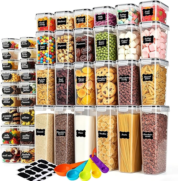 stusgo Airtight Food Storage Containers with Lids, BPA Free Clear Pantry Storage Container for Kitchen Food Pantry Organizers and Storage, Plastic Pantry Organiser for Cereal,Flour and Sugar 42 pack