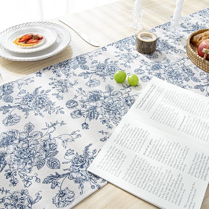 Blue Floral Linen Table Runner - 14 x 108 Inch - French Country Linen Table Runners 108 Inches Long for Holiday Kitchen Dining Wedding Home Party Decoraion,Vintage Flower