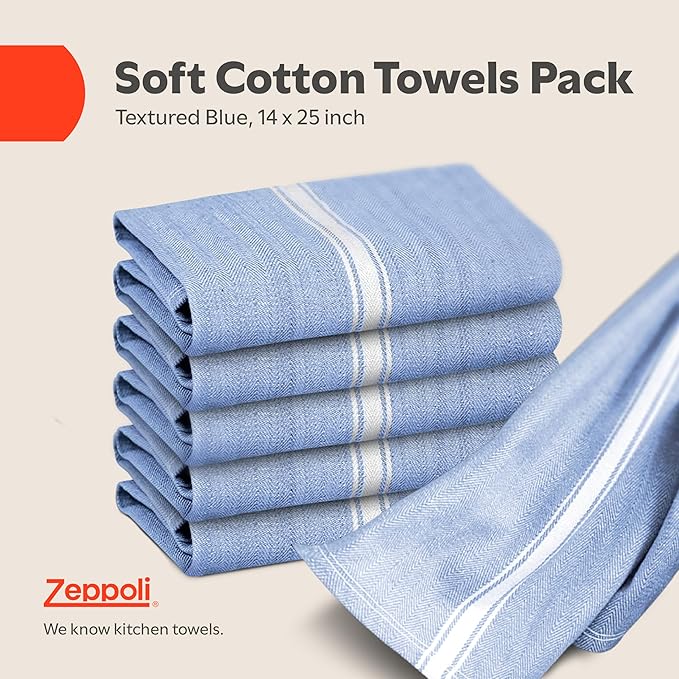 Zeppoli Classic Kitchen Towels - 15 Pack 100% Natural Cotton Towel Set, Reusable Wash Cloths, Absorbent Dish Towels, Machine Washable Hand Towels, Kitchen Essentials - 14” by 25” - Blue Base