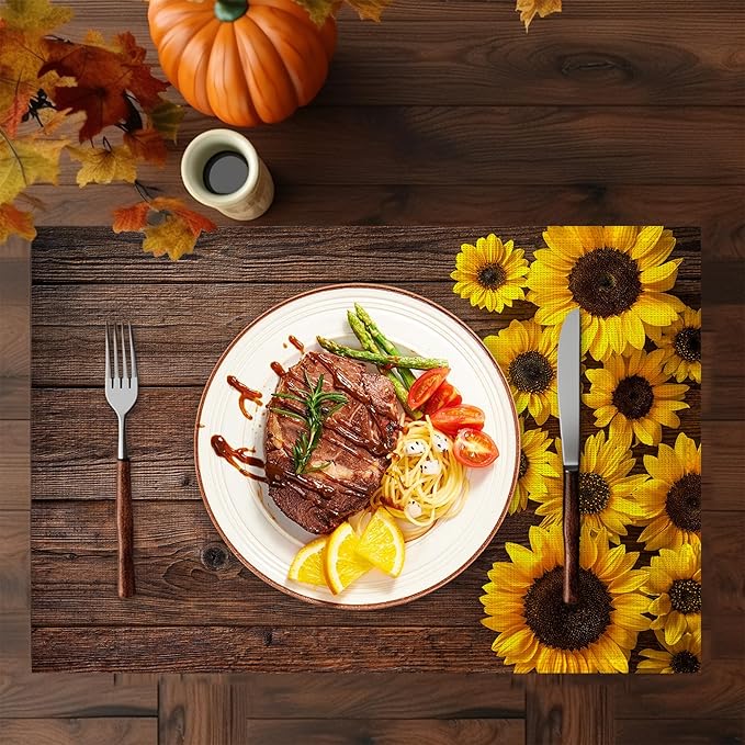 Sunflowers Wooden Placemats Set of 6,Washable Heat Resistant 12×18 Inch Linen Table Mats,Place Mats for Party Outdoor Dining Decor