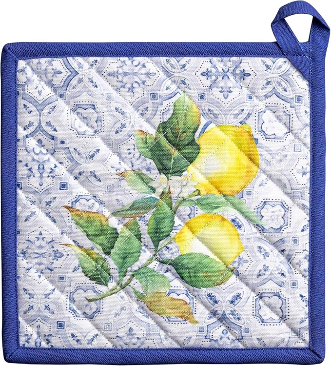 Maison d' Hermine Pot Holders 100% Cotton Heat Resistant Potholders 8" x 8" Hot Pads with Loop BBQ Cooking Baking Gifts for Mothers Day Handling Hot Pans Spring/Summer (Pack of 1, Citrus)