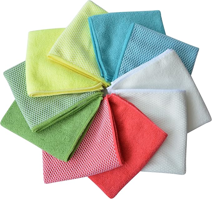 SINLAND Microfiber Dish Cloths for Washing Dishes Towels Best Kitchen Washcloth Cleaning Rags Cloths with Poly Scour Side - Used for Plates, Bowls and Dishes, 5 Color Assorted 12inchx12inch 10pack