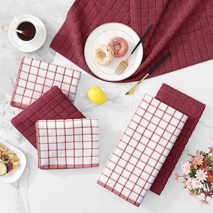 Homaxy Premium Cotton Kitchen Towels 16"x 28", Large Natural Ring Spun 390 GSM Dish Towels, Super Absorbent Terry Kitchen Hand Towels, Soft Tea Towels with Hanging Loop, Red Check Design,6 Pack