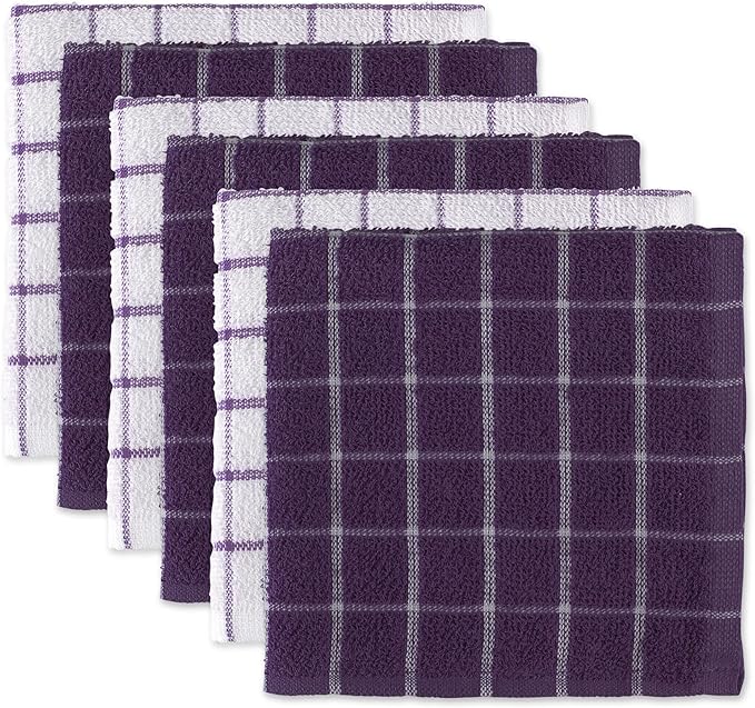 DII Basic Terry Collection Windowpane Dishcloth Set, 12x12, Eggplant, 6 Piece