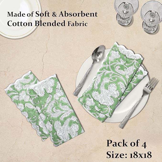 Ridhi Hand Block Print Sage Green 18" x 18" (Set of 4) Embroidery Table Napkins Reusable Cotton Dinner Napkins for Weddings, Parties, Everyday Dining Gift for Spring, Easter, Valentine