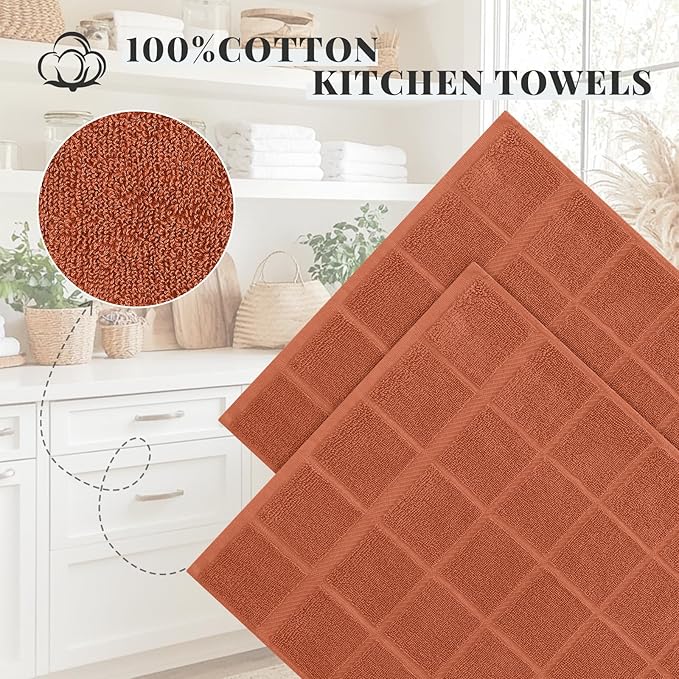 Homaxy Premium Kitchen Towels 18"x28", 8 Pack Large Cotton 380 GSM Dish Towels, Soft and Absorbent Kitchen Hand Towels with Terry Grid Design, Utility Tea Towel Set with Hanging Loop, Rust