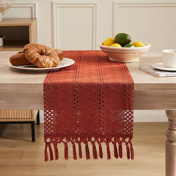 ZeeMart Macrame Style Boho Table Runner, Rust Table Runners 108 Inches Long, Farmhouse Woven Home Decor, 12x108 Inch, Rust