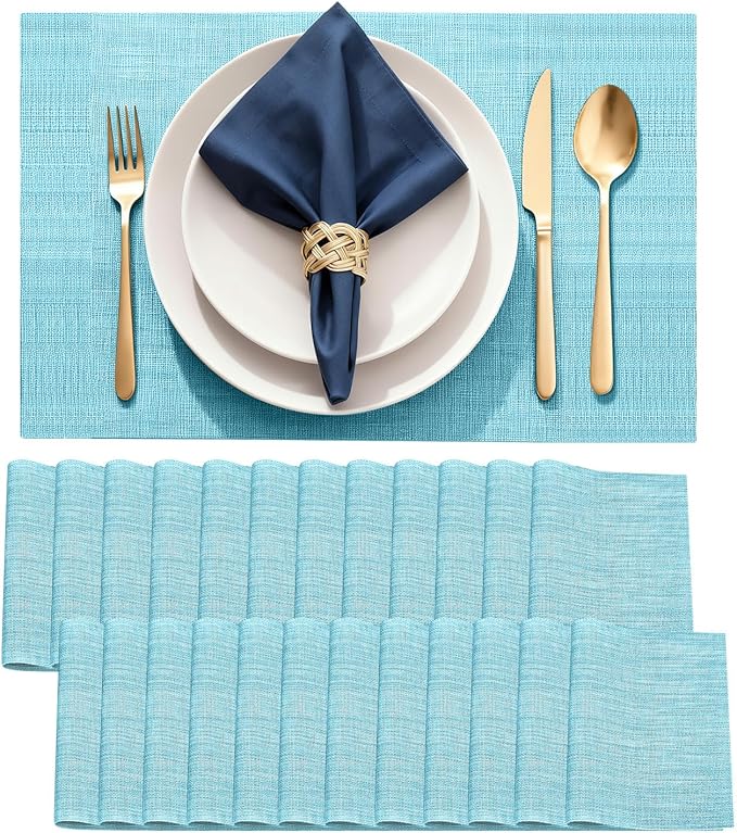 Durable Vinyl Placemats Set of 24, Non-Slip for Dining Table Mat, Heat Resistant Place Mats, Washable Anti-Slip PVC Easy to Clean Wipeable Premium Plastic Mats for Kitchen Blue