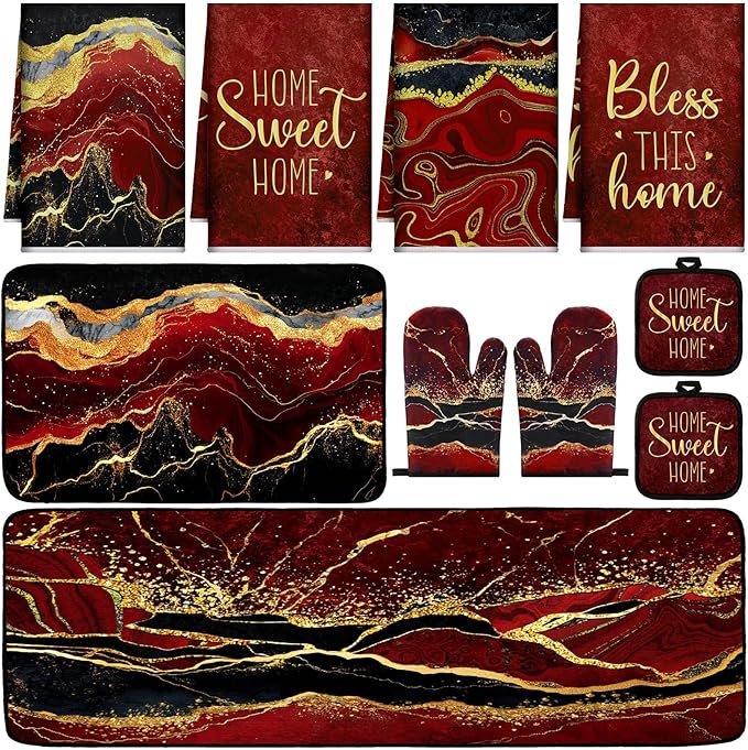 Fourluoo 10 Pcs Kitchen Dish Towels Rugs Oven Mitts and Pot Holders Kit Farmhouse Kitchen Decor Set Gloves Vintage Potholders for Baking Cooking Chef(Red,Modern)