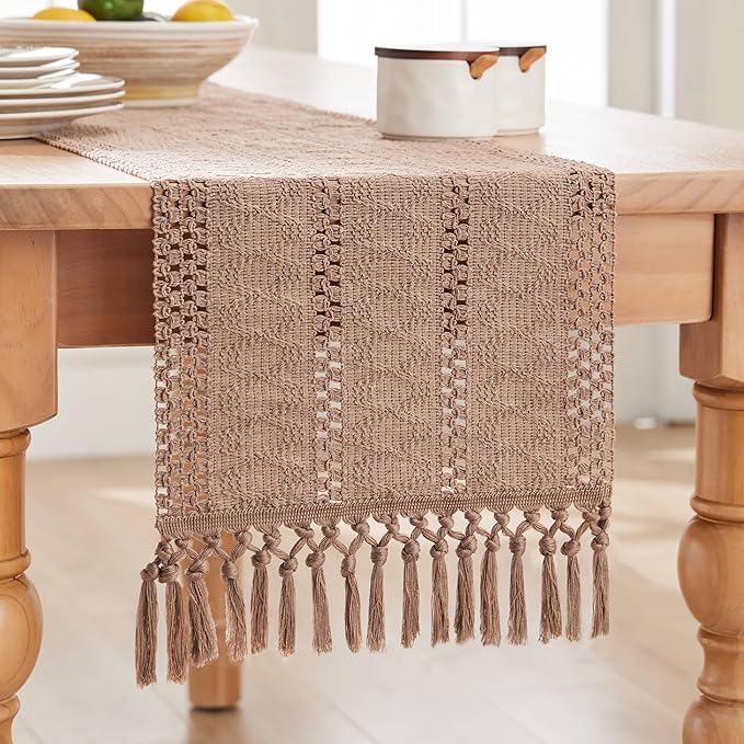 ZeeMart Macrame Style Boho Table Runner, Taupe Table Runners 90 Inches Long, Farmhouse Woven Home Decor, 12x90 Inch, Taupe
