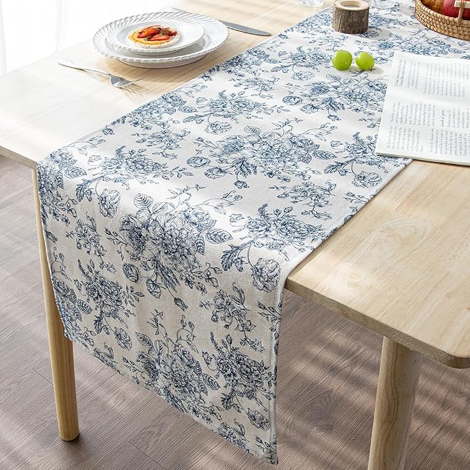 Blue Floral Linen Table Runner - 14 x 108 Inch - French Country Linen Table Runners 108 Inches Long for Holiday Kitchen Dining Wedding Home Party Decoraion,Vintage Flower