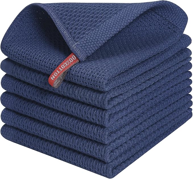 Kitinjoy 100% Cotton Kitchen Dish Cloths (12 X 12 Inches, Navy Blue), 6 Pack Waffle Weave Ultra Soft Absorbent Dish Towels for Drying Dishes Quick Drying Kitchen Towels Dish Rags